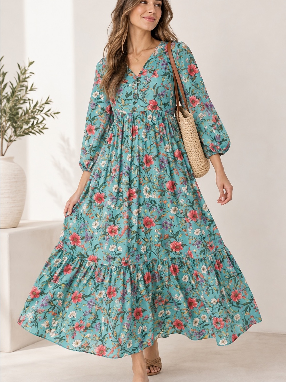 Zellbury Floral Midi Dress Size M Boho Cottagecore Tiered Long Sleeve Blue Pink